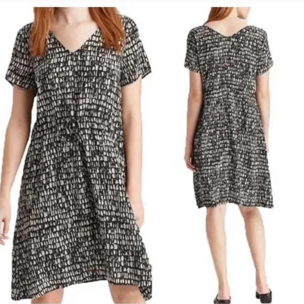 Eileen Fisher Black Pebble Seraglio Printed Silk V Neck Dress